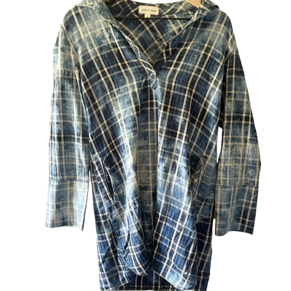 Cloth & Stone Women's Plaid Shirt Dress, Blue White Checkered Casual Tunic M‎